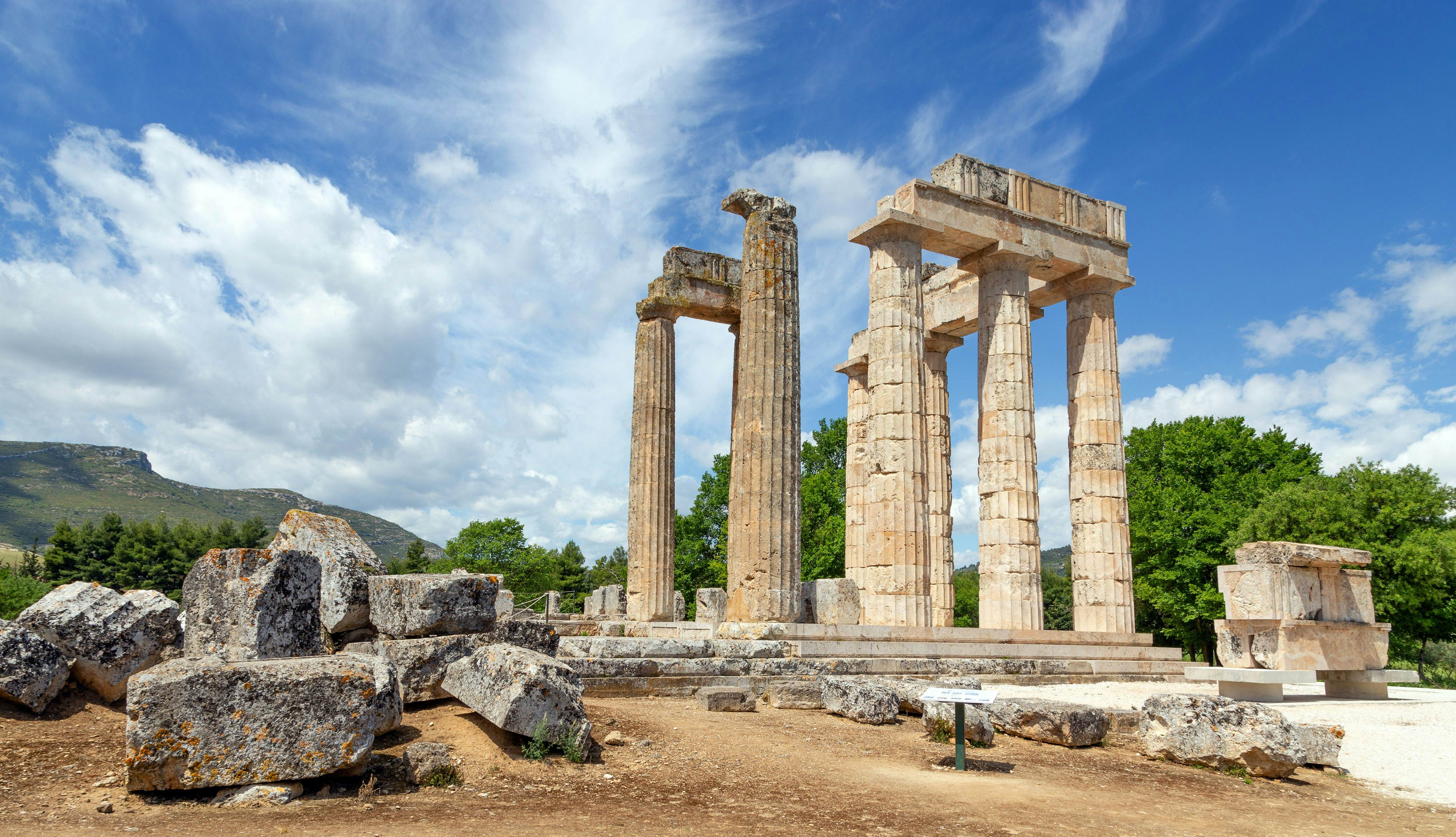 The Temple of Zeus built around 330 BC is a Doric peripteral temple consisting of 32 limestone outer columns (6 by 12 columns) and the construction is unusual as it included all three Greek architectural forms, the Doric, the Corinthian, and the Ionic.